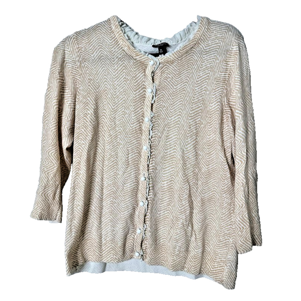 Talbots Sweater Cardigan Womens M Tan Chevron Ruffle Trim Button Lightweight
